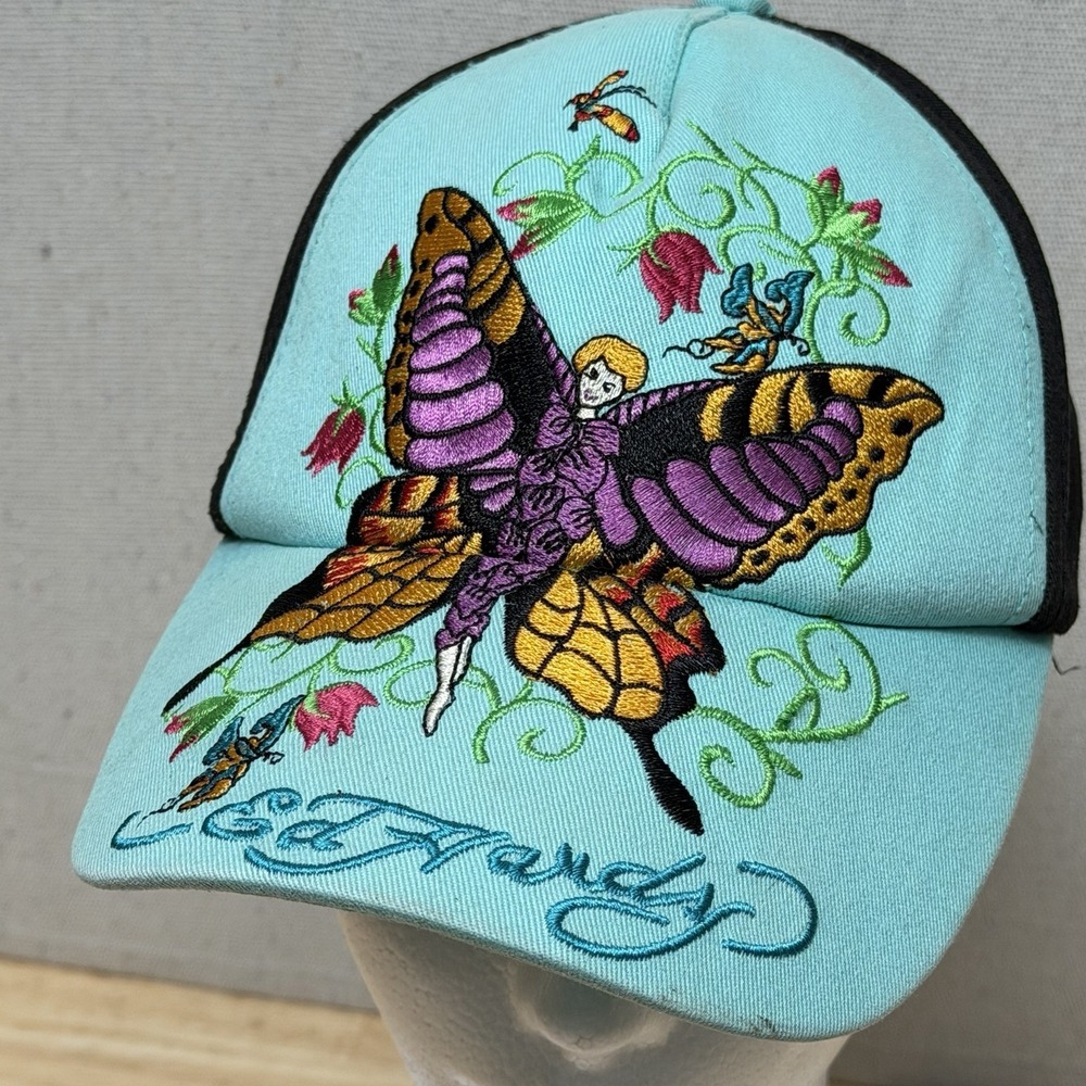 Ed Hardy Trucker Hat Kids Butterfly Fairy Embroidered Y2K Blue Cap